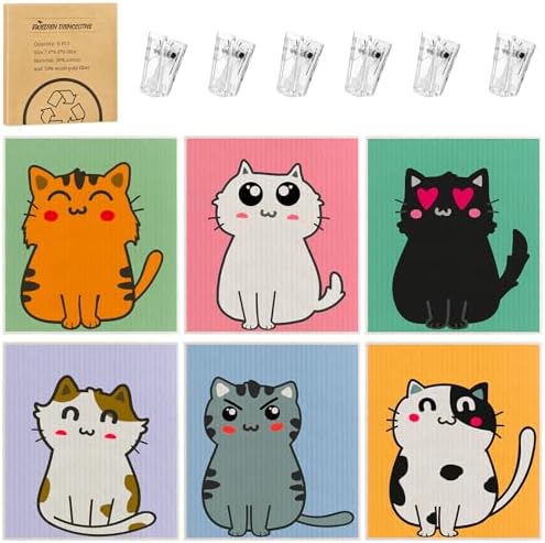 6 Pack Swedish Dishcloths for Kitchen, Cat Gifts for Cat Lovers Swedish Rag by Needbrock