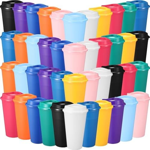Honeydak 45 Pack 16 oz Reusable Coffee Cups with Lids Water Bottle Iced Coffee Travel Mug Reusable Portable Plastic Tea Tumblers Bulk for Hot and Cold Drinks Birthdays Party(Classic,Multicolor) by Honeydak