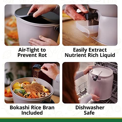 TeraGanix Bokashi Compost Starter Kit, Essential Set + Base, Indoor Composting, 2X 15.3L (4 gal) Bins, Collect & Ferment Waste, Airtight, No Pests or Odors, Bokashi Rice Bran Included, (Grey) - Image 5