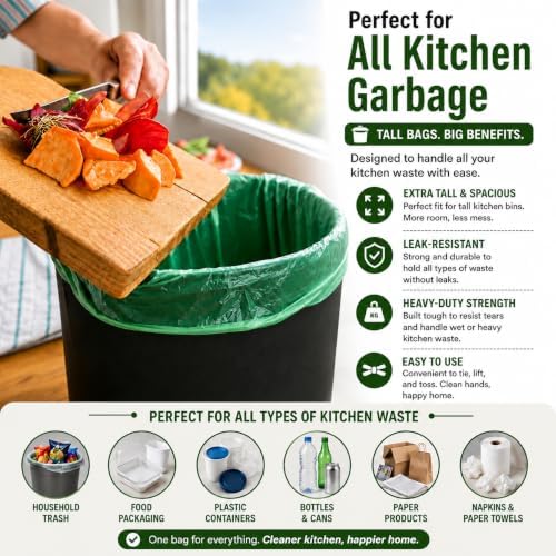 Tall Kitchen Trash Bags 13 Gallon (120 Bags) Medium Green Garbage Bag 55 Liter Can Liners Portable Camping Toilet Bags (120 count) - Image 5