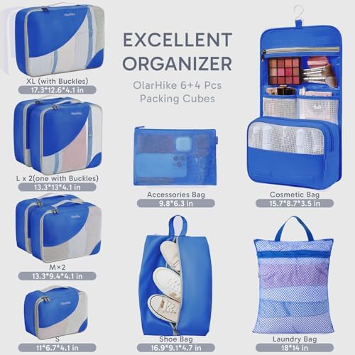 OlarHike Packing Cubes for Travel,Gifts for Women Mom,Anti-Tearing Suitcase Organizer for Luggage with Shoe & Hanging Toiletry Bag,Vacation Essentials & Accessories for Cruise Ship,10 Set,Blue - Image 2