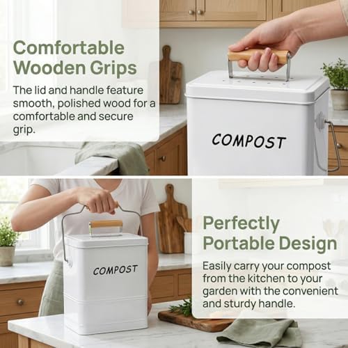 Tlence 1.7 Gallon Kitchen Compost Bin, Countertop Food Waste Pail with Handles, Odorless Composting Bucket with Carbon Filters, Indoor Small Food Scrap Composter for Trash Waste, White - Image 3