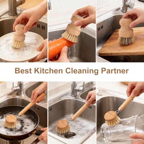 Bamboo Dish Brush Set, Natural Wooden Handle Dish Scrubber with 2PCS Mini Palm Brushes & Holders, Kitchen Brush with 1 Adhesive Hook for Pan Pots Dishes Vegetable - Image 7