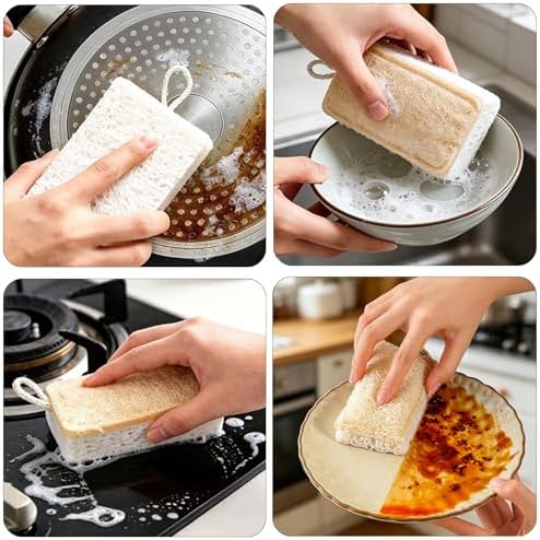 Natural Loofah Kitchen Sponges, 8 Pack Eco Compostable Cellulose Dish Washing Scrubbers, Non-Scratch Plastic-Free Cleaning Sponge Pads for Dishes, Pans, Sink, Cookware & Bathroom - Image 6