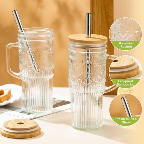 JunVpic Glass Tumbler, 24 oz Ice Coffee Cups with Bamboo Lid and Handle - Image 2