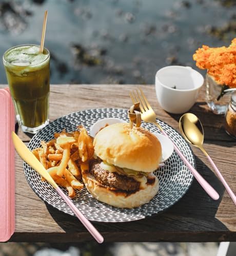 AARAINBOW 6 Pieces 18/8 Stainless Steel Flatware Set Portable Reusable Cutlery Set Travel Utensils Set Including Chopsticks Knife Fork Spoon Straws Cleaning Brush Dishwasher Safe (Pink golden) - Image 5