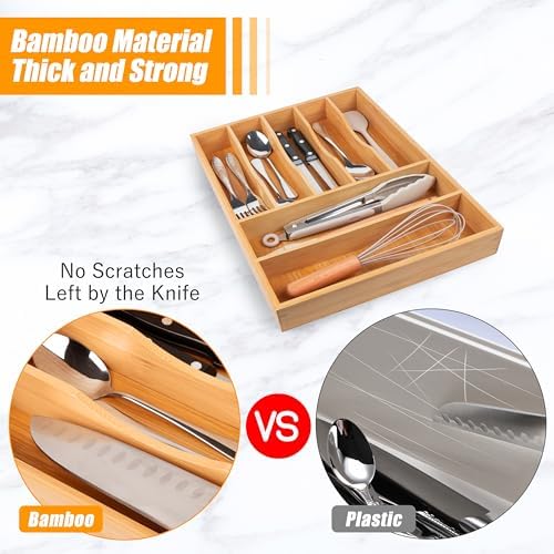 Bellsal Bamboo Silverware Drawer Organizer, Kitchen Utensil Drawer Organizers, 12"x15.7" Utensils Holder Cutlery Tray with Grooved Drawer Dividers for Kitchen Flatware Bedroom Office(7 Slot, Natural) - Image 4