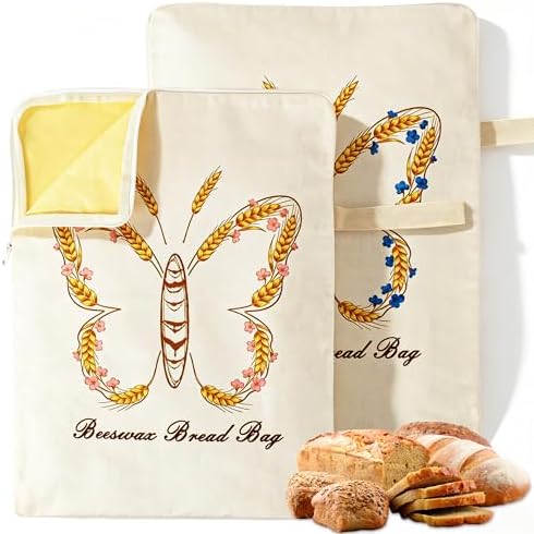 Beeswax Sourdough Bread Bags for Homemade Bread (2 Pack) – Wide Opening Zipper Seal, XL Reusable Cotton Sourdough Bread Bags to Keep Freshness, Natural Bees Wax Lining Bag for Artisan Loaf by Unknown