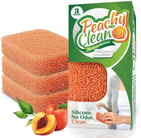 Peachy Clean Silicone Dish Sponge Scrubbers, Fresh Peach Scent, Non-Scratch, Odor-Resistant, Durable Dish Sponges for Kitchen 3pk by PeachyClean