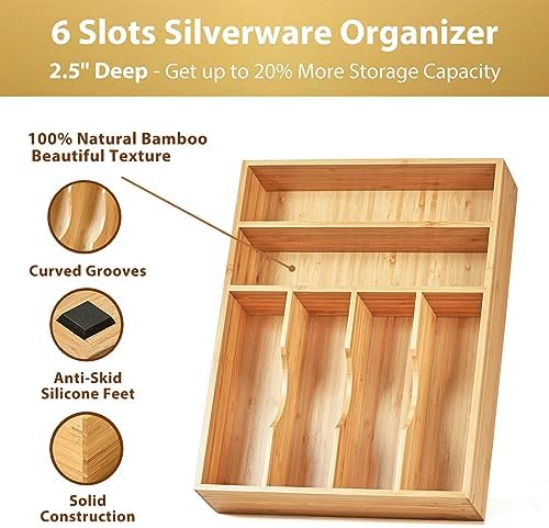Umilife Kitchen Drawer Organizer, 12 Inch Silverware Utensil Tray Holder, Extra Deep, with Non-Slip Feet & Grooved Drawer Divider, 6 Slots Total Bamboo Wood Caddy for Flatware Cutlery Knives - Image 2