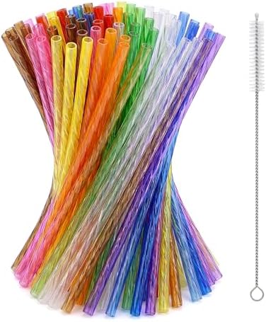 Reusable Drinking Straws 100 Pack, Assorted Color Plastic Straws, 9 Inch, Easy Clean with Brush, Durable & Dishwasher Safe for Cold Drinks & Kids by Bitlongate