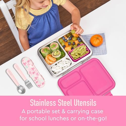 Bentgo Kids Stainless Steel Utensil Set - Reusable Fork, Spoon & Storage Case, PFAS- & BPA-Free, Easy-Grip Handles, Lightweight, Dishwasher Safe, School Lunch, Travel & Outdoors (NEW Ballet and Bows) - Image 2