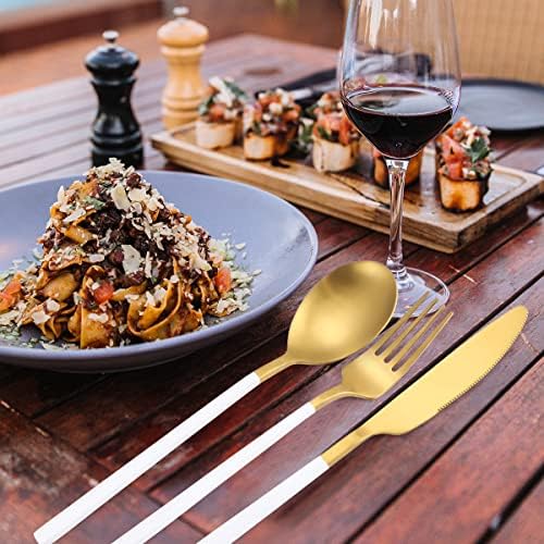 AARainbow 8 Pieces Stainless Steel Flatware Set Portable Reusable Cutlery Set Travel Utensils Set Including Chopsticks Knife Fork Spoon Straws Cleaning Brush Dishwasher Safe (B-White Golden) - Image 4