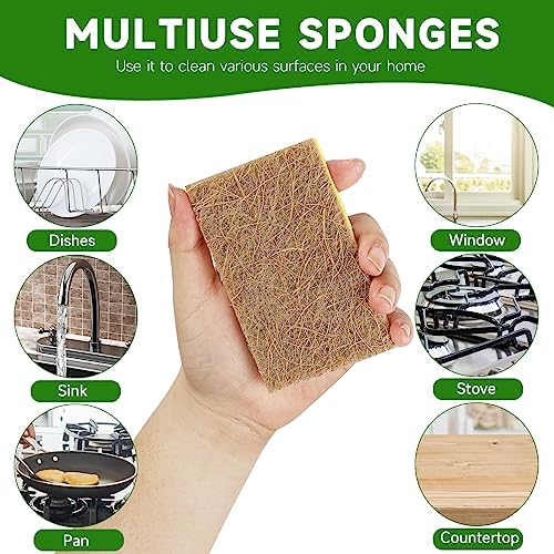 10 Pack Biodegradable Natural Sponges Kitchen - Compostable Cellulose and Coconut Walnut Scrubber Sponge - Eco Friendly Sponges for Dishes - Image 5