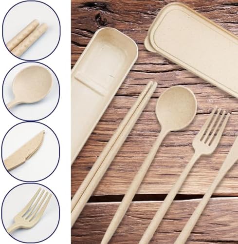 4 Sets Reusable Utensils Set with Case,Camping Cutlery Set Travel Silverware Set with Case Lunch Utensils Set for Work,Utensil Sets for Lunch Picnic Daily Use Outdoor (Beige) - Image 4