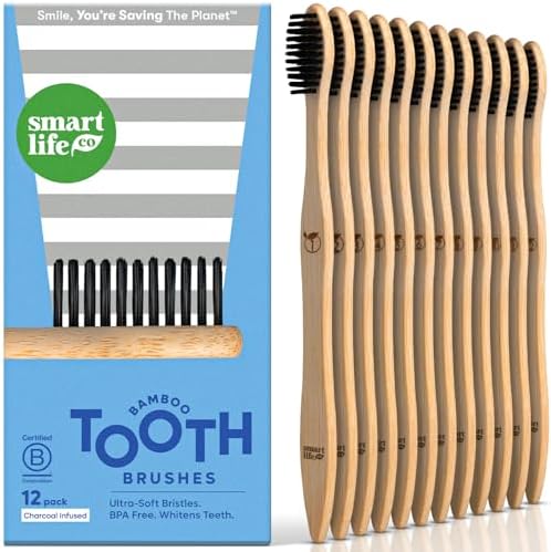 SmartLifeco Charcoal Bamboo Toothbrushes - Extra Soft Natural Bristles for Adults & Kids Teeth | Zero Waste Bulk Wooden Tooth Brush Travel Kit | BPA Free, Eco-Friendly, Vegan - (12 Pack) by SmartLifeco