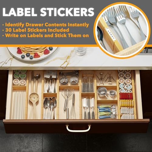 SpaceAid Bamboo Drawer Dividers with Inserts and Labels, Kitchen Adjustable Drawer Organizers, Expandable Organization for Home, Office, Dressers, 7 Dividers with 15 Inserts (17"-22" Natural) - Image 3
