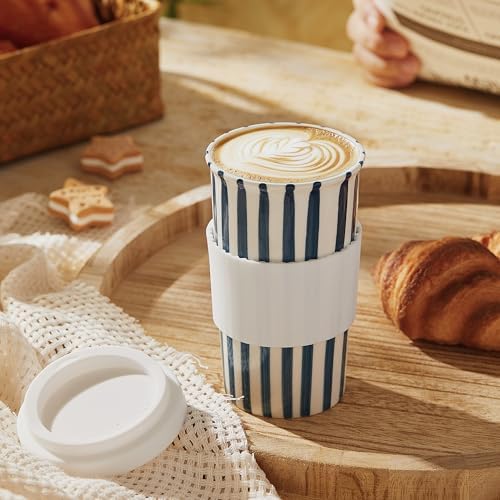 Ceramic Travel Mug with Lid 12 oz Cute Aesthetic Coffee Cup for Women & Men, Microwave & Dishwasher Safe, Spill-Resistant To Go Tumbler, Fits Car Cup Holder (Blue) - Image 5