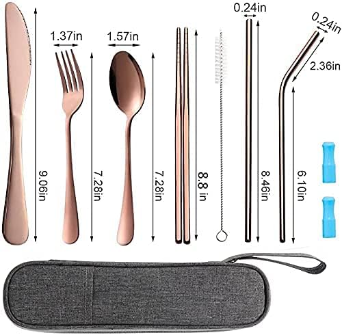 Travel Utensils Set with Case Reusable Portable Cutlery Set Stainless Steel 8pcs Including Dinner Knife Fork Spoon Chopsticks straws(Rose Gold) - Image 3