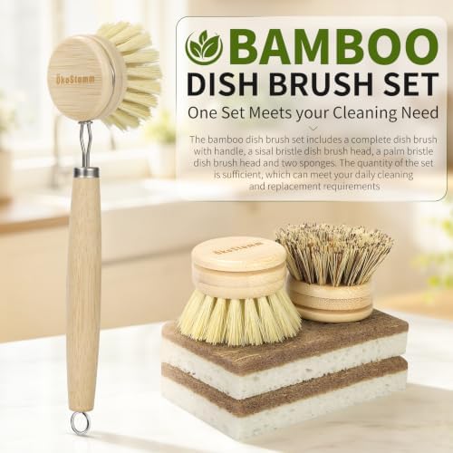 5 PCS Long Handle Bamboo Dish Brush with 2 Natural Dish Sponges - Image 2