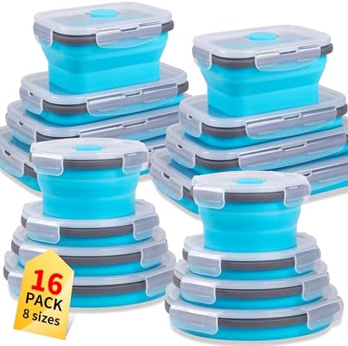 Collapsible Food Storage Containers with Lid & Air Vent, 16 Pack, 8 Rectangular + 8 Round, Foldable Silicone Lunch Containers Collapsible Bowls Set, Microwave Freezer Dishwasher Safe, Blue by Annaklin