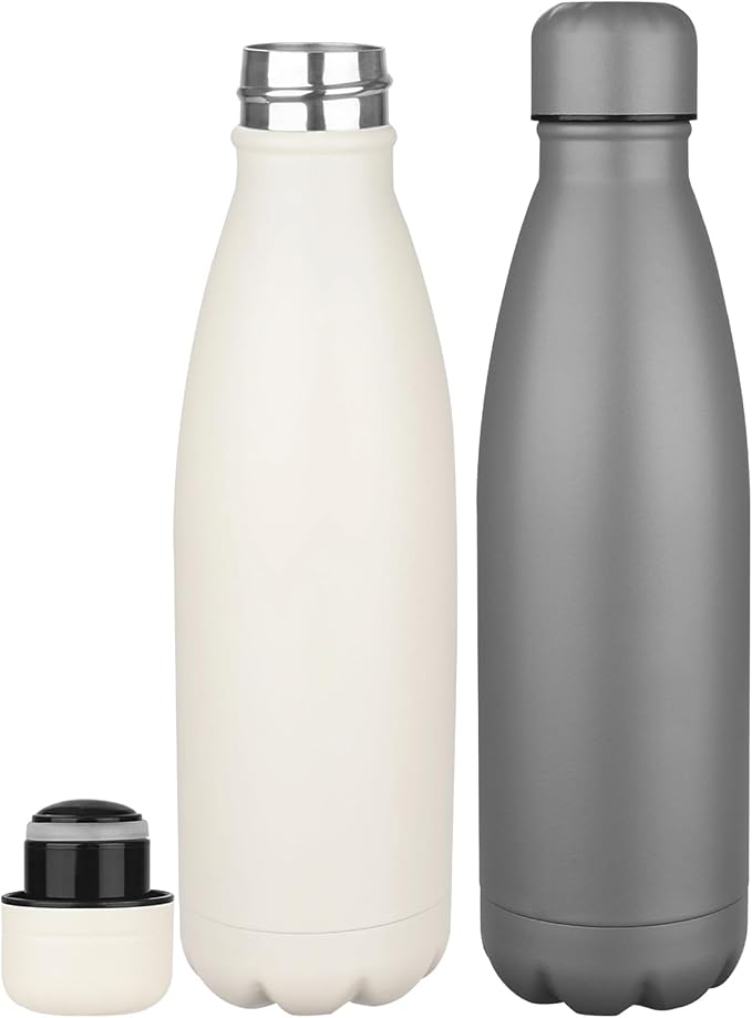 OWS 17oz Insulated Water Bottles Bulk 1/2/4 Pack, Metal Sports Water Bottles, Double Wall Vacuum BPA-Free Flask for School, Sports(gray white 2pcs)