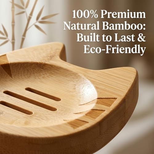 Bamboo Soap Dish Self Draining for Shower - Cute Cat Bamboo Soap Tray Holder Saver with Drainage, Natural Waterproof Decorative Tray for Bathroom, Kitchen, Sponges, Bath Tub, Shower, Sink - 1 Pack - Image 4