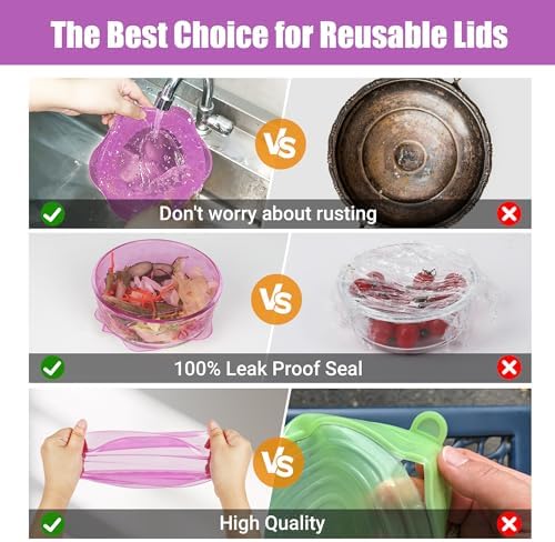 Silicone Stretch Lids for Food Storage in Fridge, Reusable Elastic Bowl Covers for Cup, Cans, Jars, Round & Rectangle Container, Food Grade Silicone Microwave Food Cover, Purple, 6PCS - Image 4