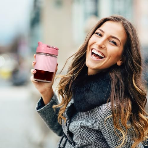 Sivaphe Reusable Glass Ice Hot Coffee Cup 12 oz, Portable Travel Mug with Spill-Proof Lid and Thermal Sleeve for Home Office Pink - Image 6