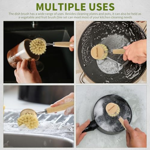 Long Handle Bamboo Dish Brush Set with 4 Replacement Brush Head - Image 5