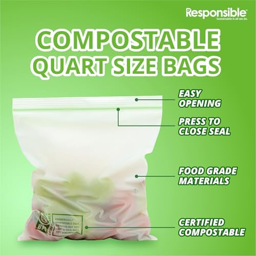 Responsible Products Certified Compostable QUART Resealable Zip Bag, Extra Strength Food Bags, Plant-Based Freezer-Safe (26 Pack) - Image 3