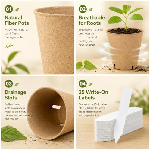 Peat Pots for Seedlings - 25 Pack Seed Starting Pots with Drainage Holes - Image 3