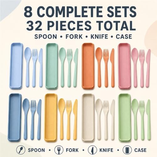 8 Pack Travel Utensils with Case, Reusable Wheat Straw Cutlery Sets for Lunch Box, Camping, Picnic and Office, Dishwasher Safe Spoon Fork Knife Sets, 8 Colors - Image 6