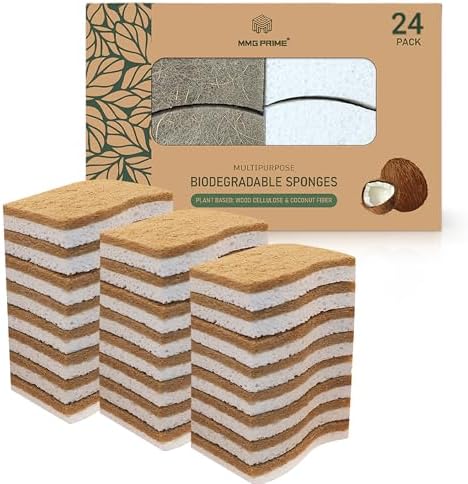 Natural Kitchen Sponge –24-Pack Biodegradable Sponges for Dishes –Compostable Dish Washing Scrubbers – Eco Friendly Non-Scratch Cellulose & Coconut Husk Scrubber Sponges for Cleaning by MMGPrime