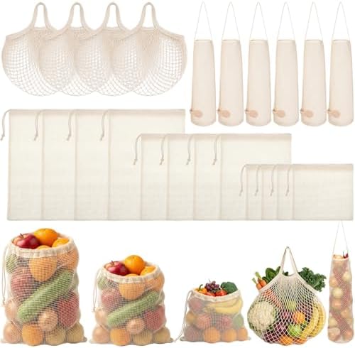 22 Pack Reusable Produce Bags Washable - Cotton Mesh Grocery Bags Lightweight Hanging Storage Bag Breathable Durable Net Shopping Sack for Vegetables Fruits by Sunnymove