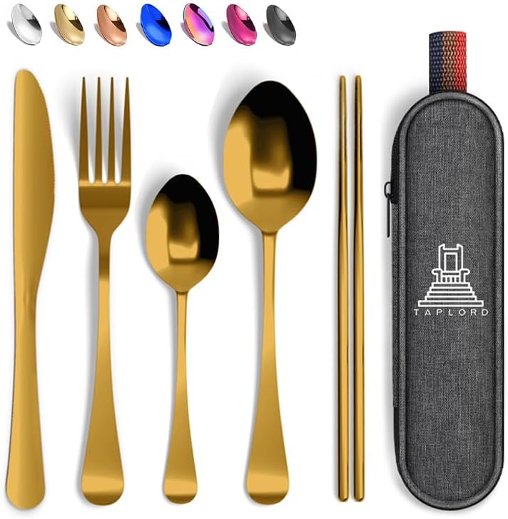 Taplord Portable Travel Silverware Set With Case, Includes 5 Pcs of Travel Utensils With Case, Stainless Steel Flatware Set For Camping, Easy to Travel, Lightweight (Gold) by Taplord
