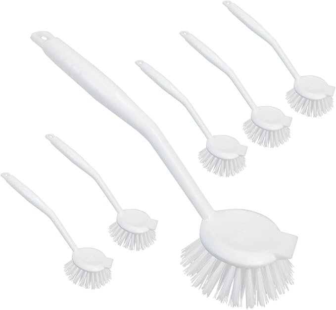 LOLA Dish Brush w/Scraper, 6 Pack, Durable Fiber Non-Scratch Bristles, Ergonomic Non-Slip Grip Handle, for Baked-on & Caked-on Messes