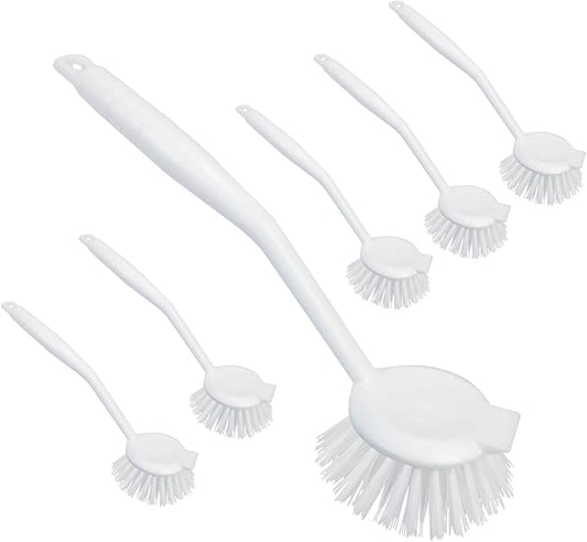 LOLA Dish Brush w/Scraper, 6 Pack, Durable Fiber Non-Scratch Bristles, Ergonomic Non-Slip Grip Handle, for Baked-on & Caked-on Messes