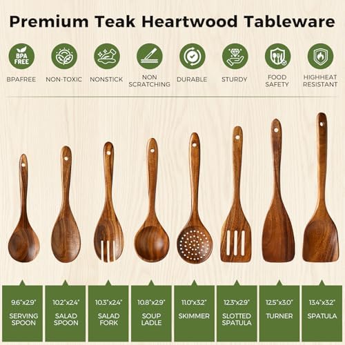 8 Pcs Teak Wooden Utensil Set, Wooden Spoons & Spatula for Cooking - Image 3