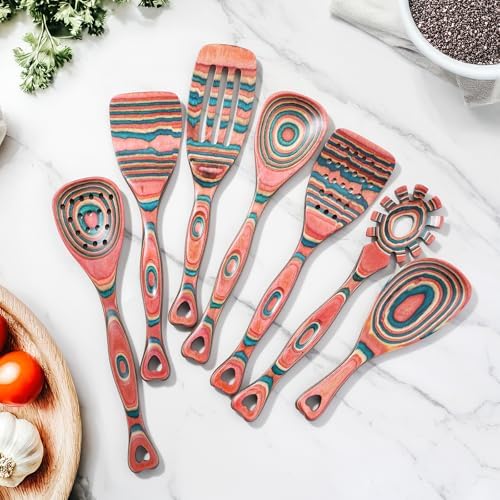 Gudamaye Pakkawood 7-Piece Wooden Cooking Utensils, Wooden Spoons for cooking, Wooden Utensil set, Pinkish-Orange Pakkawood Cooking Spoons, Non-Stick Spoon, Pakkawood kitchen utensils - Image 6