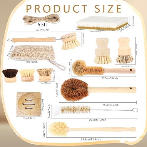 15 Pcs Bamboo Dish Brush Set with 65 Ft Hemp Rope Wooden Palm Pot Brush Sisal Bristles Natural Cup Scrubber Loofah Sponge Draining Tray for Pans, Bottle, Sink Kitchen Cleaning - Image 2