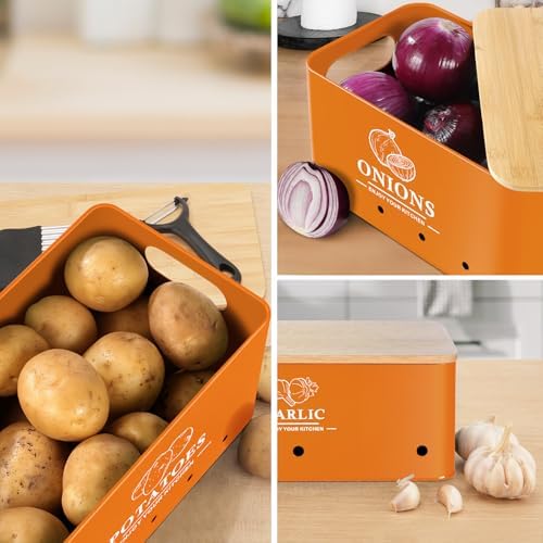 Kitchen Vegetable Storage Set of 3, Metal Onion Garlic Potato Storage Set, Kitchen Canisters Vegetable Keeper Containers with Aerating Holes and Bamboo Lid,Orange - Image 6