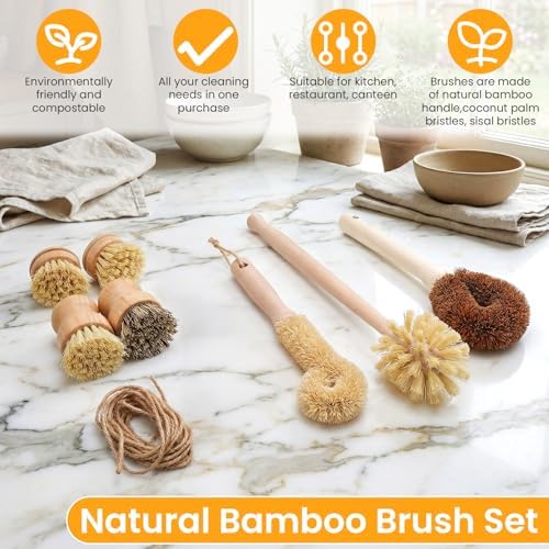 8 Pcs Bamboo Dish Brush Dish Washing Scrub Bottle Brushes Wooden Palm Pot Brush Cleaning Scrubbers with Natural Sisal Bristles Long Handle for Pots Pans, Vegetables, Household Cleaning - Image 3