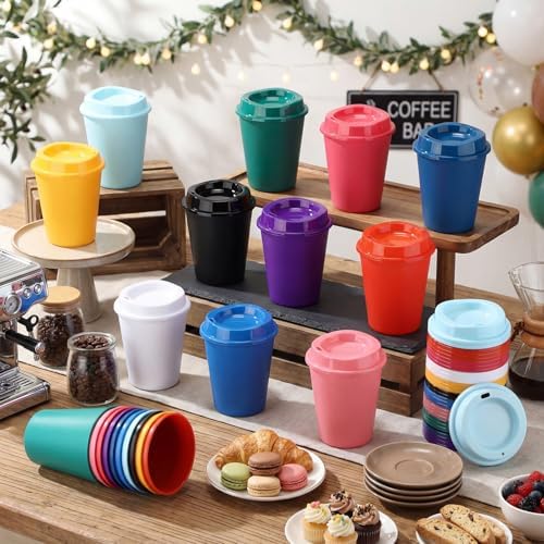 Honeydak 45 Pack 12 oz Reusable Coffee Cups with Lids Portable Tea Cups Reusable Hot Coffee Mugs Tumblers Bulk Plastic Tumblers Travel Drinks Mugs for Hot and Cold Drinks(Multicolor,Classic) - Image 2