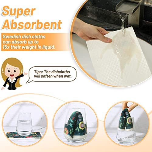 Lucomb 8 Pack Swedish Dishcloths for Kitchen, Reusable Soft Kitchen Towels Dish Cloths Set Absorbent Sponge Cleaning Washable Quick Drying Bar Hand Washing (Birds Flowers) - Image 5