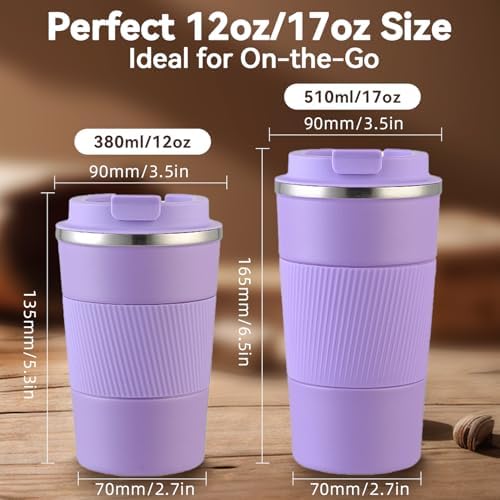 12OZ Travel Coffee Mug Insulated Coffee Cup with Spill Leak Proof Lid, Portable Stainless Steel Tumbler Reusable Hot and Cold Water Mug for Car, Daily, Camping- Purple - Image 2