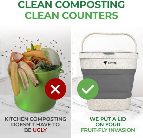 AIRNEX Collapsible Compost Bin Kitchen Counter Caddy - 1 Gallon Countertop Compost Bin with Lid Made of Wheat Straw - Odorless Kitchen Compost Bin Countertop with 20 Compost Bags and 2 Carbon Filters - Image 4