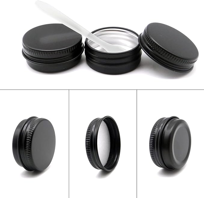 5pack 60ml Aluminum Tin, 1oz Black Metal Jar with Screw Lid, 30ml Empty Makeup Lip Balm Container Travel Cosmetic Pot Cans for DIY Cream Candle Powder Tea Beads (5/15/30/60/100ml, mixed size)
