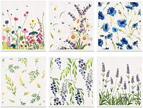 Remagr Swedish Kitchen Dish Towels Wildflowers Reusable Sponge Cleaning Cloths Absorbent Quick Drying Washable Cleaning Wipes No Odor Hand Towel (6) by Remagr