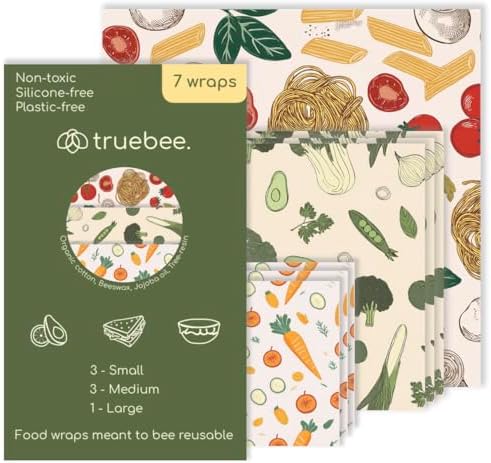 Truebee Reusable Beeswax Food Wraps 7-Pack Italia – Non Toxic, Plastic Free, Silicone Free, Sustainable, Environmentally Friendly, Organic Cotton Beeswax Wraps (S, M, L) by Truebee